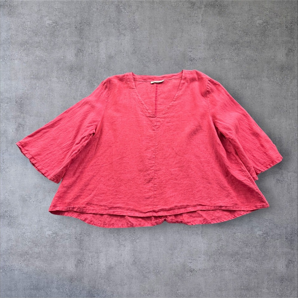 Bryn Walker Linen V-Neck Top Womens L Pink Bell Sleeve Relaxed Blouse